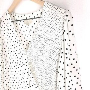 LOFT Polka Dot Mixed Media Wrap Blouse L White Black Peplum Hem Romantic